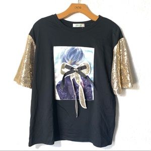 STEPS Gold Sequen Sleeve Bow Black T-Shirt